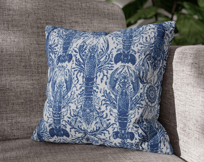 Blue White Lobster Toile Pillow, Coastal Chinoiserie Nautical Decor, Hamptons Style Cushion