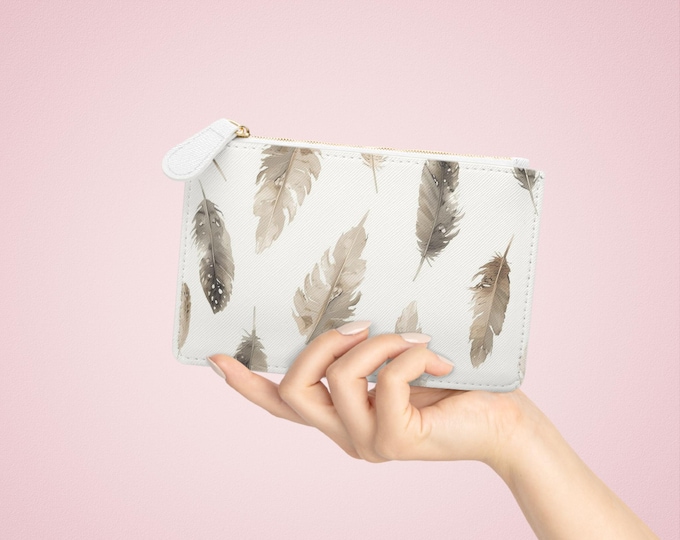Neutral Watercolor Feathers Mini Clutch Bag | Beige Feather Pattern