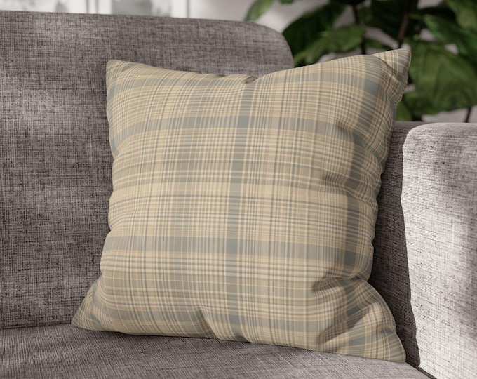 Neutral Tan Plaid Tartan Square Throw Pillow | Preppy Beige Striped Accent Cushion | Cozy Cabin Lodge Cottagecore (18"x18")
