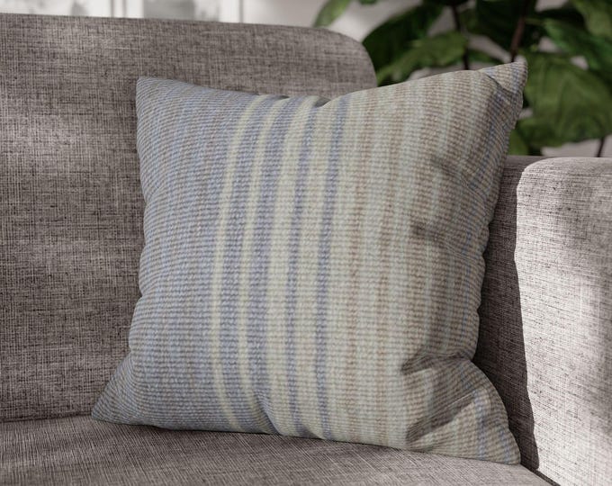 Neutral Muted Blue and Beige Striped Square Throw Pillow | Coastal Farmhouse Decorative Canvas Accent Cushion (18"x18")