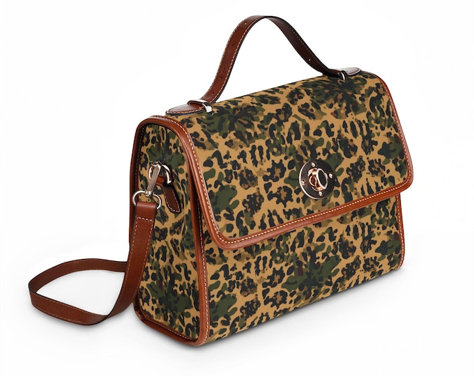 Green Brown Camo Pattern Waterproof Canvas Bag | Leather Trim Satchel