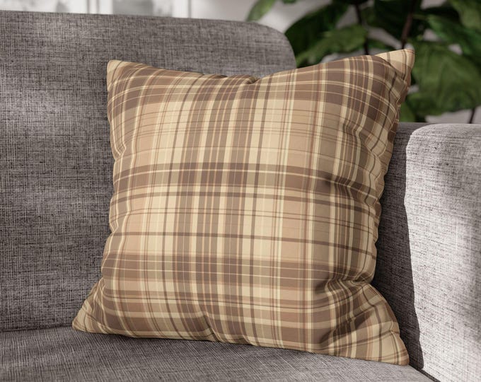 Brown Plaid Square Throw Pillow | Neutral Tartan Canvas Accent Cushion (18"x18")