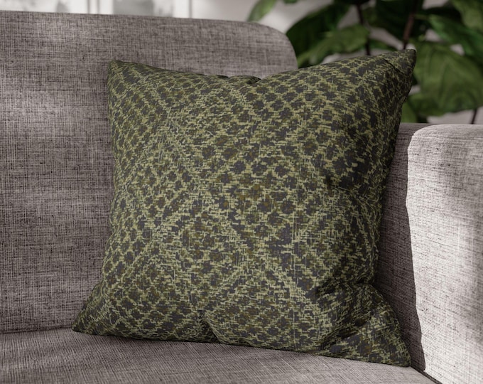 Olive Geometric Textured Pattern Square Throw Pillow | Poly Canvas Accent Cushion (18"x18")