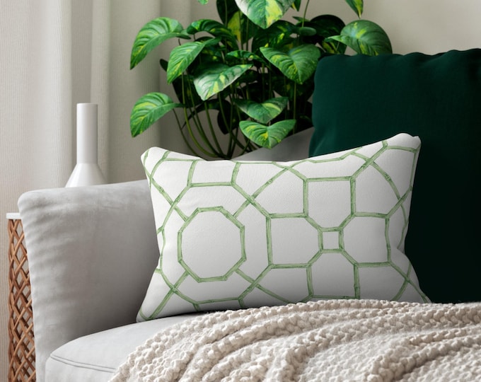 Preppy Trellis Lumbar Pillow 14x20 | Green Ivory Geometric Accent Pillow | Coastal Classic Bed Cushion