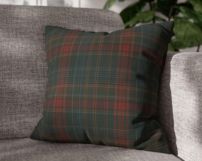 Green and Rust Tartan Plaid Throw Pillow | Square Poly Canvas Pillow | 18"x18"