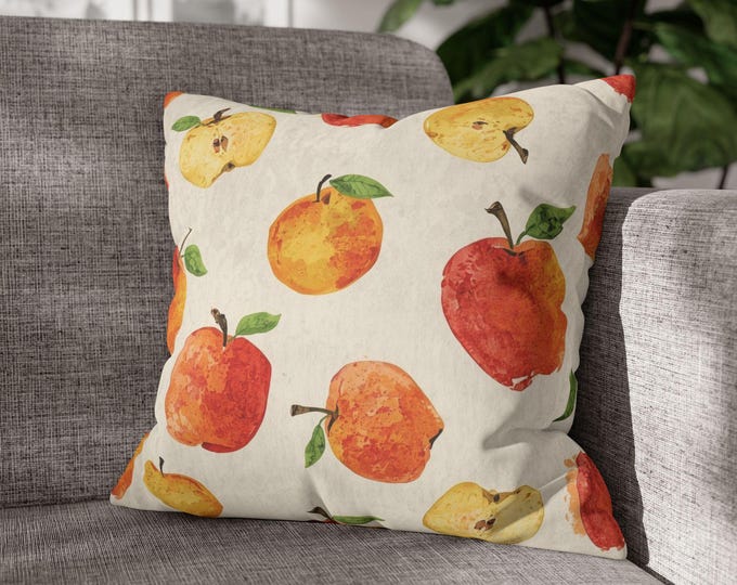 Watercolor Apples Square Throw Pillow | Fruit Pattern Canvas Accent Cushion (18"x18")