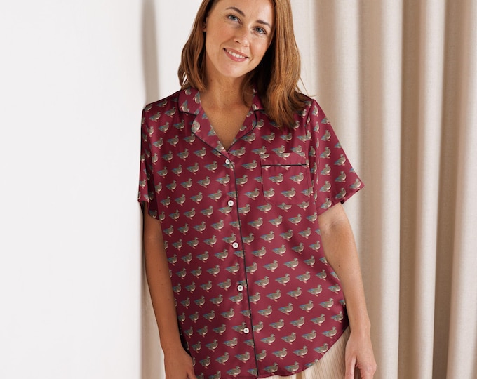 Mallard Duck Print Pajama Top | Bordeaux Burgundy Silky Polyester Loungewear