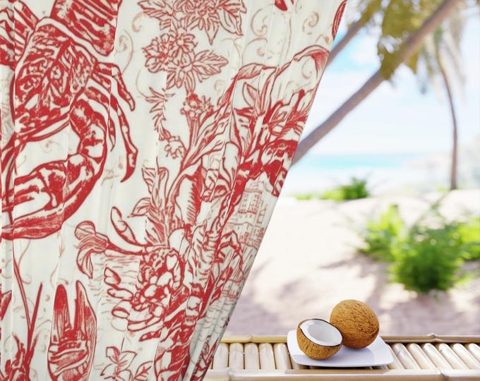 Red Lobster Toile Window Curtain | Seafood Coastal Kitchen Drapery