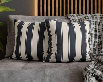 Navy Cream Striped Throw Pillowcase Square Throw Pillow Cover 18x18 | Coastal Farmhouse Living Room Decor | Layering Sofa Accent Cushion