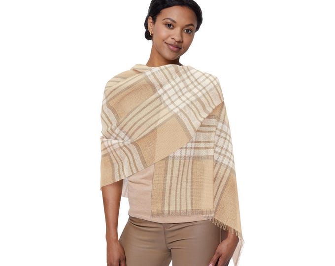 Beige Tartan Plaid Scarf Light Scarf | Neutral Preppy Stripe Check Pattern Shaw | Luxury Resort Travel Accessory, Fringed Edge (27"x71")
