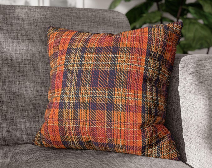 Autumn Plaid Throw Pillow | Fall Tartan Accent Cushion, Preppy Orange Rust Stripe Home Decor (18"x18")