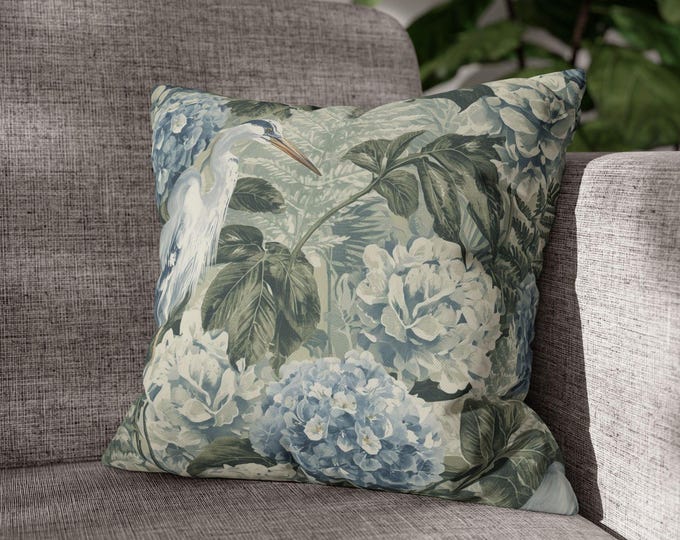 Lake House Botanical Pillow, Hydrangea Heron Cushion, Coastal Cottage Decor, Vintage Nature Throw Pillow