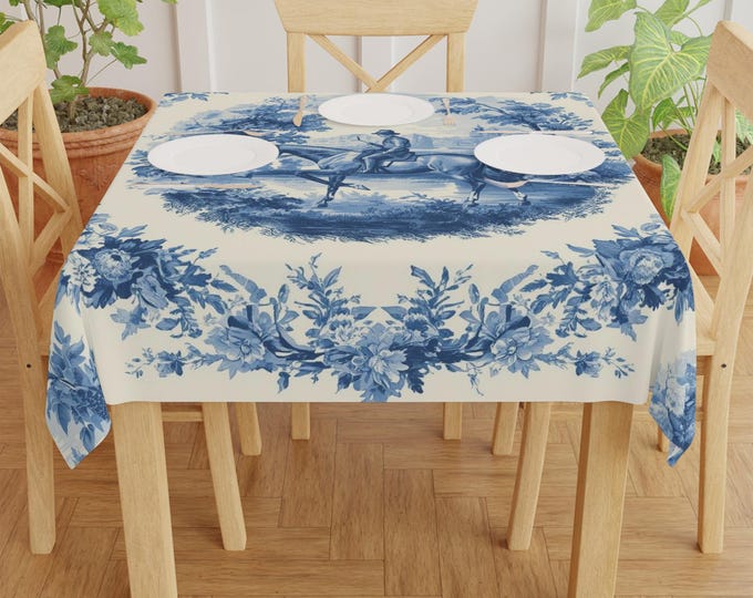 Horse Rider Toile Tablecloth | Blue Vintage Floral Medallion