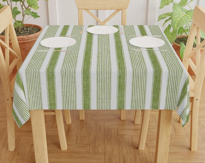 Green Stripe Pattern Tablecloth | Striped Table Linen, Cottagecore Kitchen Decor