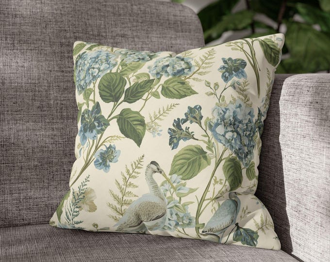 Lake House Botanical Pillow, Hydrangea Heron Cushion, Coastal Cottage Decor, Vintage Nature Throw Pillow