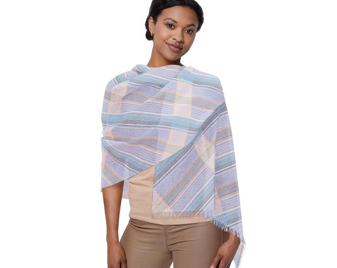 Pastel Blue Tartan Plaid Lightweight Fringe Neck Scarf | Preppy Striped Luxury Shoulder Wrap | Elegant Resort Travel Accessory (27"x71")