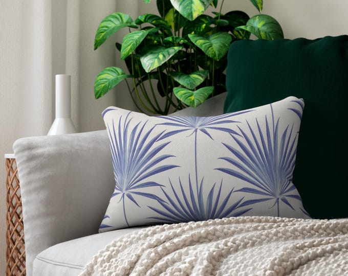 Blue Palm Fan Pattern Lumbar Pillow | Coastal Botanical Throw Pillow