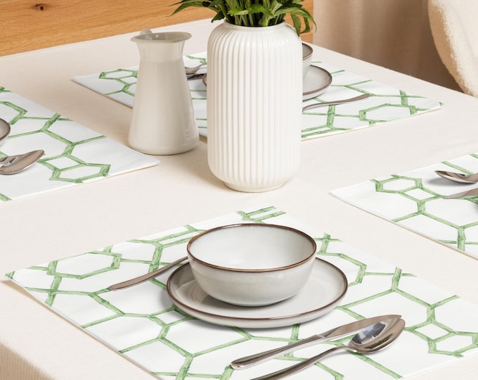 Preppy Trellis Placemats – Set of 4 | Elegant Green & White Farmhouse Table Decor