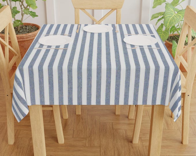 Navy Blue Vertical Stripe Tablecloth | Coastal Farmhouse Table Linen