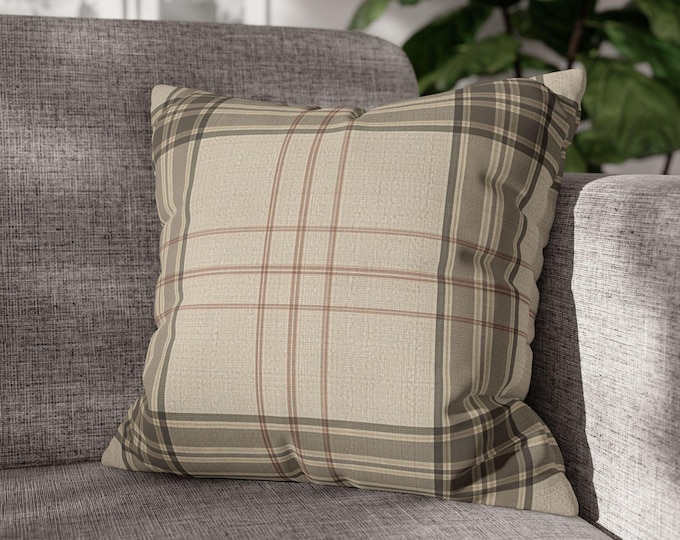 Neutral Plaid Tartan Pattern Square Poly Canvas Pillow | Beige Taupe Brown Accent Cushion | Preppy Cabin Cottage Lodge (18"x18")
