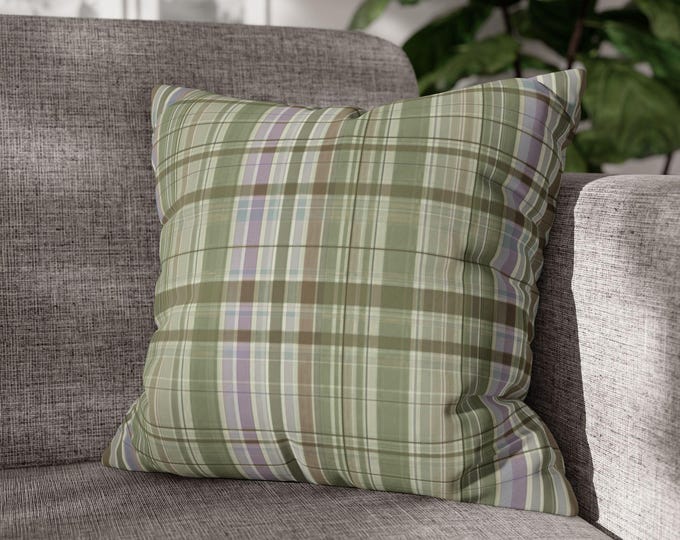 Green & Lavendar Tartan Plaid Square Throw Pillow | Preppy Stripe Poly Canvas Accent Cushion | Cozy Cabin Lodge Cottagecore (18"x18")