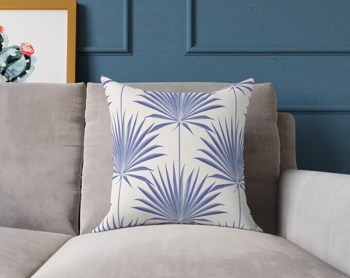 Blue Palm Fan Pattern Square Pillow | Coastal Tropical Home Decor 18"x18"