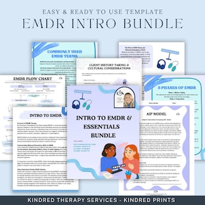 May include: A bundle of printable EMDR therapy resources, including an intro guide, flow charts, and client history forms. The cover features the text "Intro to EMDR & Essentials Bundle" with illustrations and the text "Kindred Therapy Services - Kindred Prints".