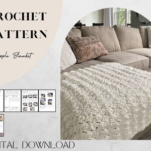 Pu&ograve; includere: Un modello di uncinetto scaricabile digitalmente per una coperta bianca a onde. Il modello include istruzioni e diagrammi per realizzare la coperta. L'immagine mostra la coperta finita su un divano.