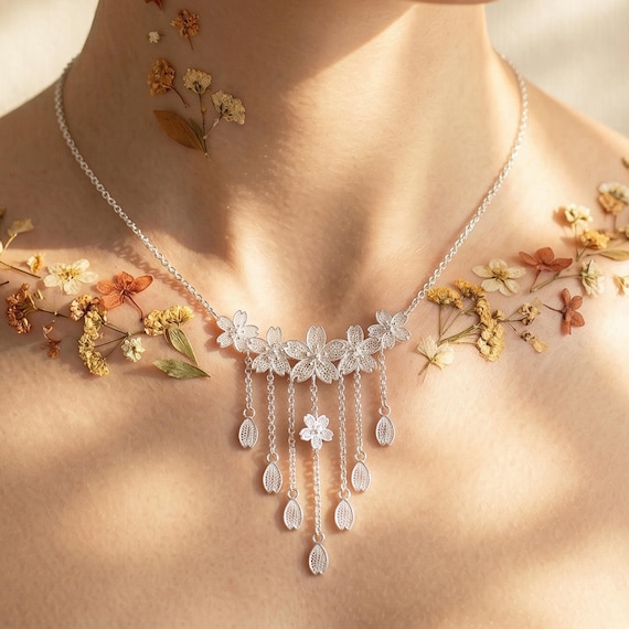999 Fine Silver Sakura Cherry Blossom Necklace – Filigree Floral Jewelry | Summer Vacation Vibe
