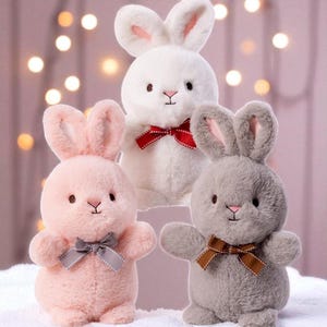 May include: Three plush bunny rabbits in white, pink, and gray. Each has a bow and pink-lined ears. The white bunny has a red bow, the pink bunny has a gray bow, and the gray bunny has a brown bow. The bunnies have black eyes and pink noses.