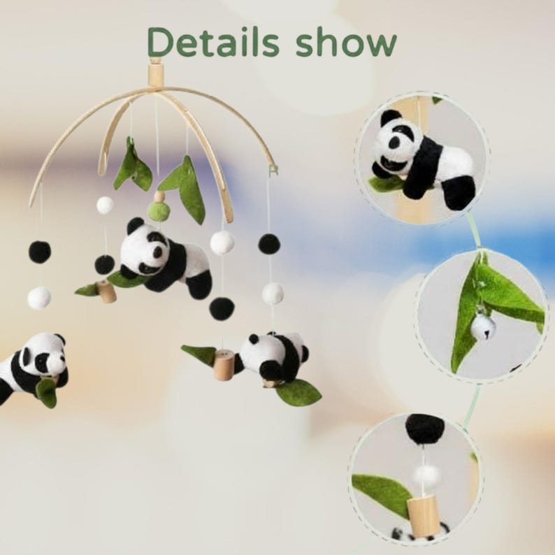 May include: A baby mobile featuring panda bears, green leaves, and black and white pom-poms. The mobile has a wooden frame and is suspended from the top. The text "Details show" is visible at the top.