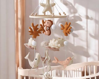 Handmade Sea Animal Mobile: Felt Crib Ocean with Whale, Sea horse, Snuggsy Neutral Nursery Decor & Baby Shower Gift