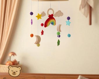 Handmade Baby Mobile | Crochet Wooden Nursery Decor | Rainbow, Sun, Moon, Rocket & Cloud Designs | Ready to Ship | Free Shipping
