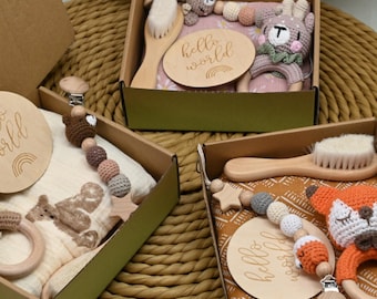 Baby Shower Gift Box: Newborn Baby Welcome Box Set with Pacifier Clip & Animal Crochet Rattle Set