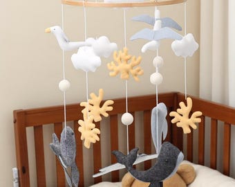Sea Animals Cot Mobile: Handmade Ocean Felt Crib with Whale, Shell, Coral, Dolphin, Manta Ray, Neutral Nursery Decor & Baby Shower Gift