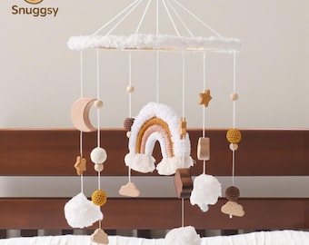 Handmade Rainbow Macrame Baby Mobile: Boho Crib Bell Hanging Toy for Neutral Nursery Décor