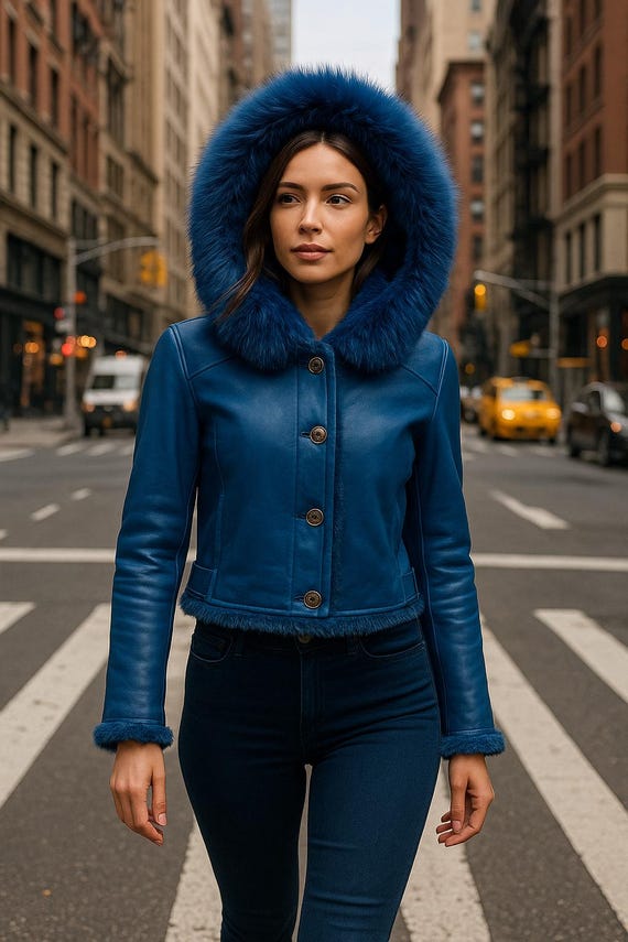 Women’s Blue Cropped Genuine Sheepskin Leather Jacket with Fur Trim Hood – Winter Shearling Coat