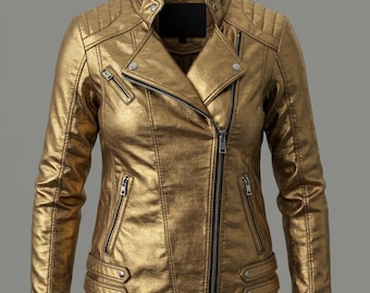 GOLDEN　レザージャケット SpazeUp Women Golden Metallic Cropped Leather Moto Jacket