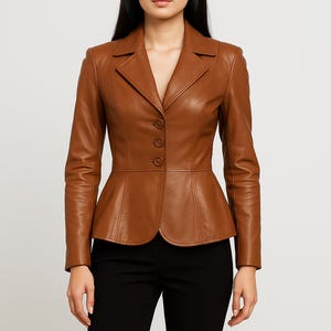 Women’s Brown Genuine Leather Peplum Blazer – Fitted Button-Up Jacket