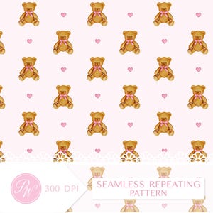 May include: Seamless repeating pattern featuring watercolor teddy bears with pink bows and hearts on a light pink background. The design includes a decorative lace border and the text "SEAMLESS REPEATING PATTERN".
