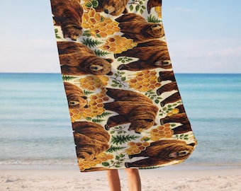 Grizzly Bear and Honeycomb Beach Towel, Rustic Mountain Lodge Pool Towel, Luxury Camping Gift for Him, Wildlife Summer Travel Decor T00233