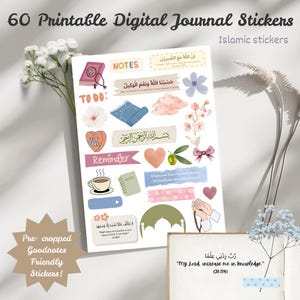 May include: A sheet of 60 printable digital journal stickers with Islamic themes. The stickers include floral designs, hearts, and text in both English and Arabic. The stickers are pre-cropped and Goodnotes friendly.