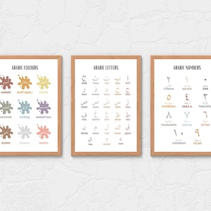 May include: Three framed prints with Arabic text. One print displays Arabic colors with color names. Another shows Arabic letters. The third print features Arabic numbers. All prints have a light wood frame.