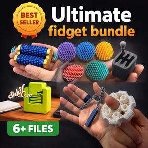 May include: An assortment of fidget toys, including blue and gold rollers, colorful mesh spheres, a gear shift, a green cube, and a white gear ring. The image includes the text "Ultimate fidget bundle" and "6+ FILES". A "Best Seller" badge is also present.