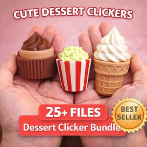 Può includere: L'immagine mostra tre clicker a tema dessert: un cupcake, popcorn e un cono gelato. Il cupcake ha una base marrone e glassa al cioccolato. I popcorn sono in un contenitore a strisce rosse e bianche. Il cono gelato ha un cono a cialda e un vortice bianco. Il testo recita "CUTE DESSERT CLICKERS" e "25+ FILES".