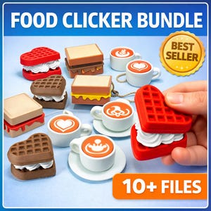 Puede incluir: Una colección de clickers de comida en miniatura, que incluyen gofres en forma de corazón, sándwiches y tazas de café con arte latte. La imagen presenta el texto "FOOD CLICKER BUNDLE" y "10+ FILES". También es visible una pegatina de "BEST SELLER".