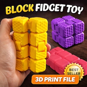 Könnte beinhalten: Gelbe, lila und rosa Block-Fidget-Spielzeuge. Der gelbe Block wird in einer Hand gehalten. Der Text "BLOCK FIDGET TOY" steht oben. Der Text "3D PRINT FILE" steht unten. Ein "BEST SELLER"-Aufkleber befindet sich unten rechts.