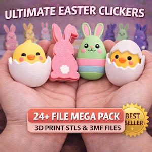 以下が含まれることがあります： ウサギとヒヨコの形をしたイースターをテーマにしたクリッカー。画像には、ピンクのウサギ、緑のウサギ、卵の殻に入った2羽のヒヨコが写っています。「ULTIMATE EASTER CLICKERS」と「24+ FILE MEGA PACK」という文字があります。「BEST SELLER」バッジも表示されています。