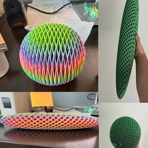 Op de afbeelding: Een veelkleurige, geometrische bol met een honingraatachtige structuur. De bol gaat over in een spectrum van kleuren, waaronder groen, geel, roze en paars. Er wordt ook een groen, plat object met honingraatpatroon en een groene bol getoond.