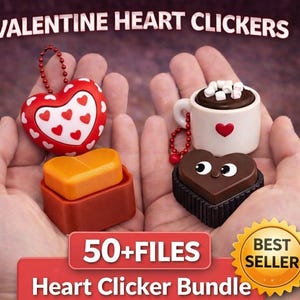 以下が含まれることがあります： バレンタインデーをテーマにしたハートクリッカーバンドル。白いハートが付いた赤いハート、ホットチョコレートのマグカップ、ハート型のチョコレート、オレンジ色のクリッカーが含まれています。「VALENTINE HEART CLICKERS」、「50+ FILES」、「Heart Clicker Bundle」と書かれています。